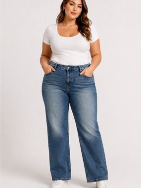 Women’s XXL Stretch Jeans Blue Wash Straight Leg High Rise Denim Pants # 69